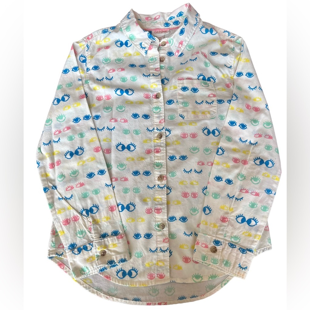 Colorful Eye Print White Button-Up Shirt